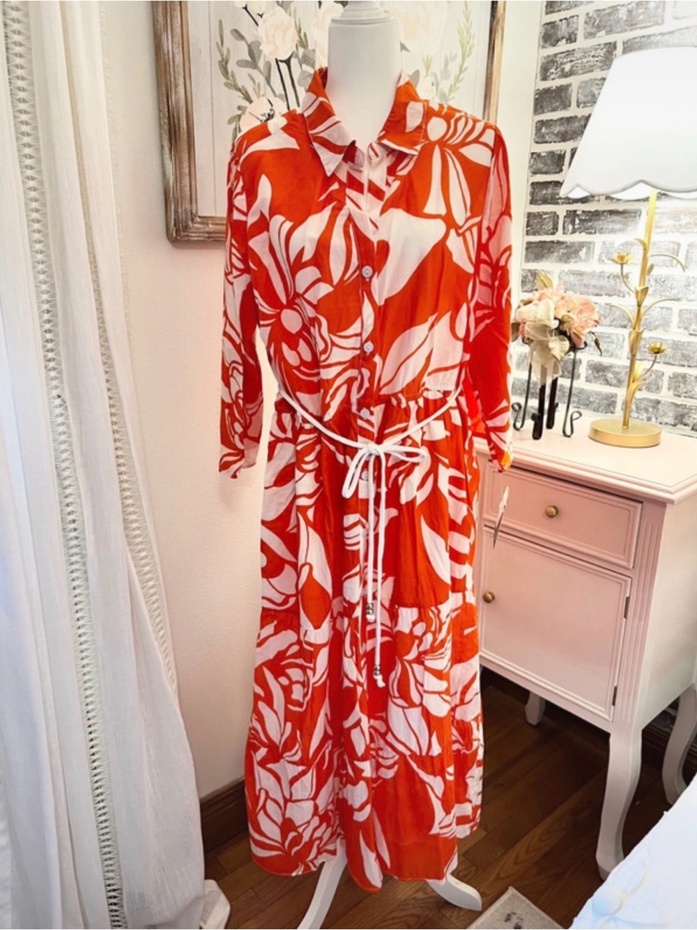 Mlle Gabrielle Red and White Floral Maxi Shirt Dress